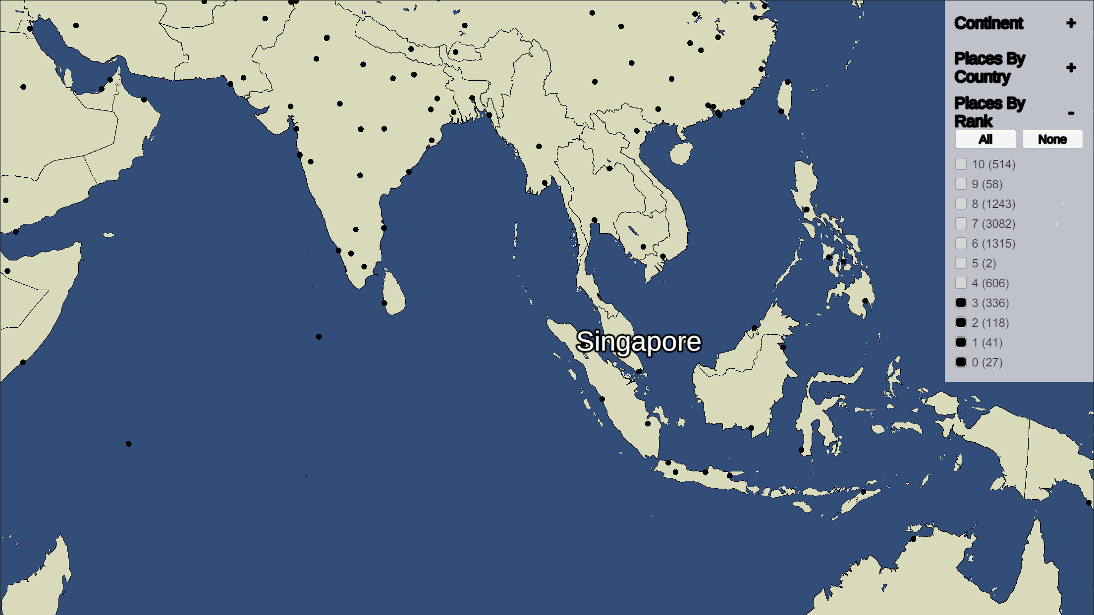 Map showing Singapore with city ranks